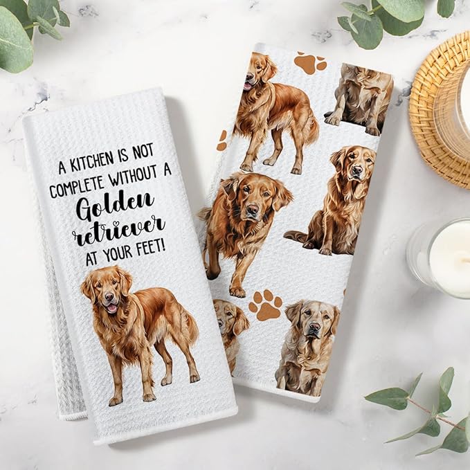 Golden Retriever Waffle Weave Kitchen Towels, Quick Dry Multipurpose Hand Towels for Bathroom, Absorbent Reusable Cloth Tea Dish Towels for Home Decor, Dog Lover Gift Towel Set of 2
