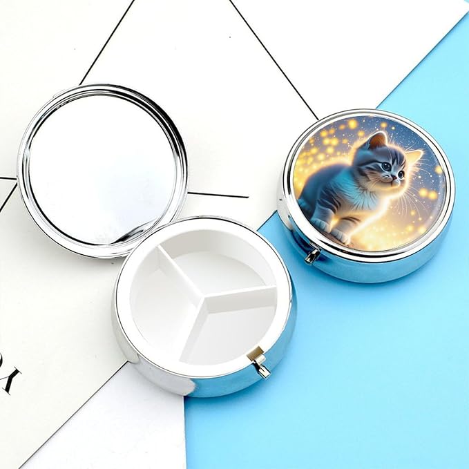 Cute Pet Scene Metal Round Pill Box, 3 Compartment Travel Organizer, Portable Pill Container with Secure Latch, 2 Inch Circular Vitamin Caddy for Pills and Vitamins, Gift for Him Her Elderly