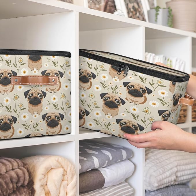 Cute Pug Dog Storage Box with Zipper Lid