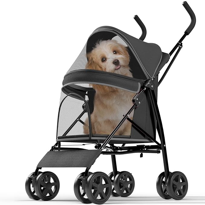 OS MOTOR 4 Wheels Pet Stroller for Small Medium Pets, Black | Foldable Carrier Jogger, Rear Wheel Breaks, Storage Basket, Visible Mesh Weather Cover, Portable, Dog, Cat, Puppy, Kitty