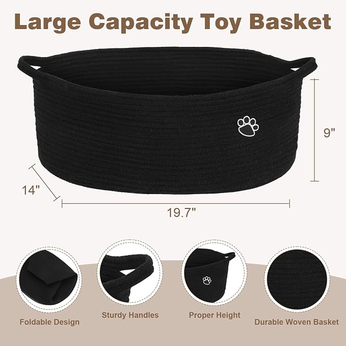 Optish 40L Extra Large Dog Toy Basket, 20" x 14" x 9" XL Toy Storage Box and Bin with Handles, Woven Cotton Rope Foldable Basket for Blankets, Living Room, Bedroom, Home Decor, Black