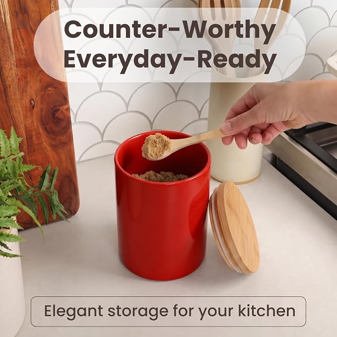 Arthausen Red Ceramic Storage Jar Canister for Flour Sugar - Airtight Bamboo Lid w/Silicone Seal, Spoon - Modern Abstract Art Design for Kitchen Counter Bathroom - 4 cup / 1080mL