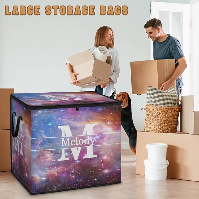 Custom Name Large Clothes Storage Organization with Lids, Kids Toys Bin Shelf Basket, Bedding Clothes Storage Bin for Nursery, Gift Basket, Space Universe Galaxy Background with Initial Letter