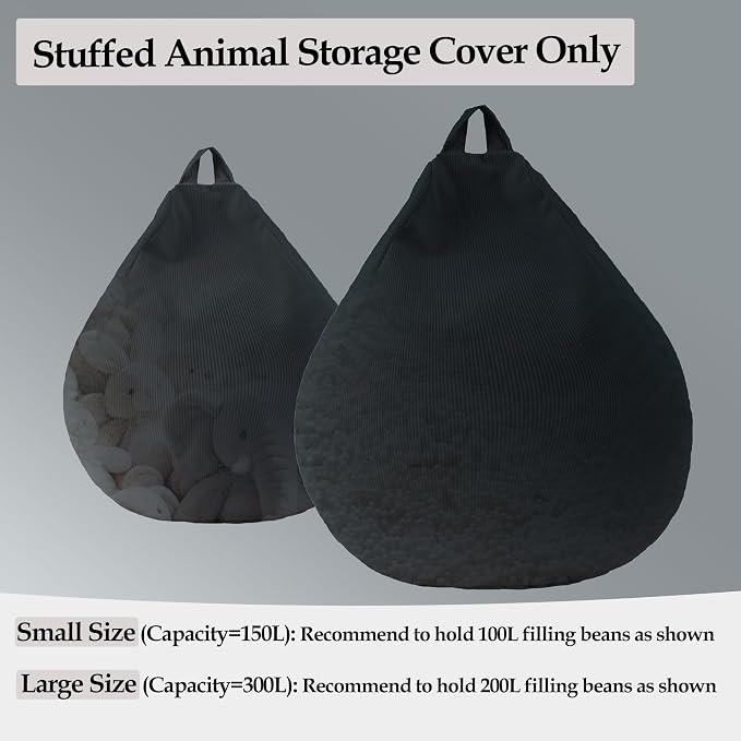 LPMOERA Stuffed Animal Storage Soft Bean Bag Chair Cover No Filler Black | Skin-Friendly,Portable,Wide Easy-Load Opening,Hidden Zipper,Decorative Organizer