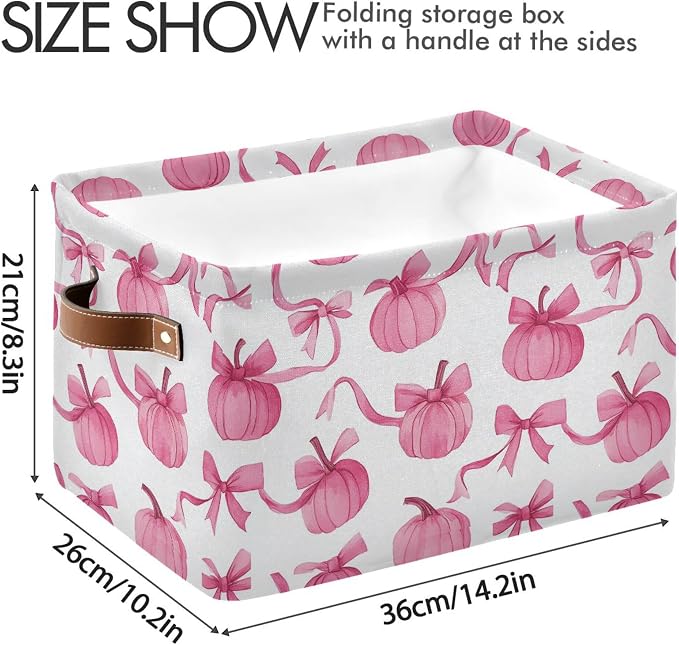 Wamika Pumpkin Bow Pink Storage Basket with Waterproof Liner and PU Handles Fall Storage Bins Boxes 14.2" Collapsible Decorative Organizer Baskets for Bedroom Closet Office 1 Pack