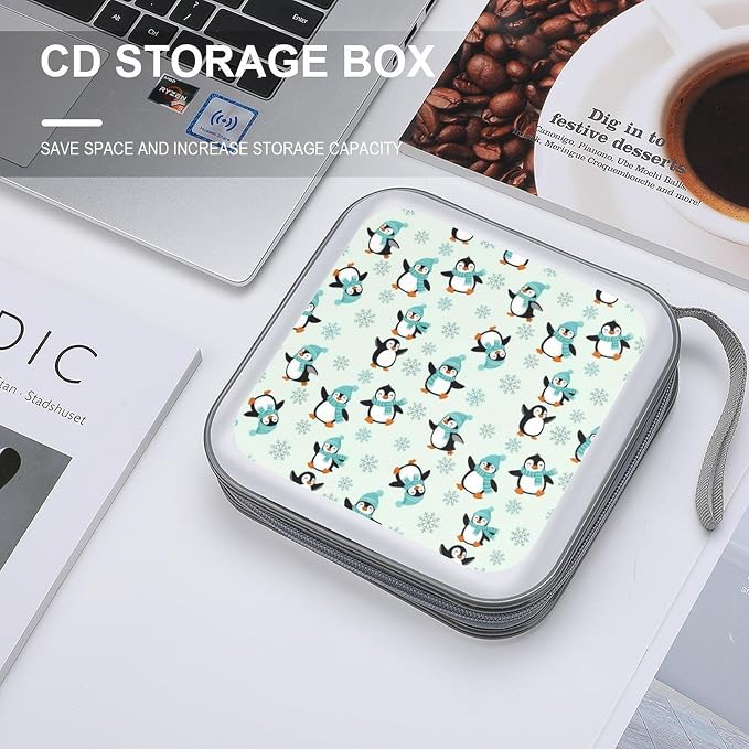 Portable 40-Disc CD Storage Binder Animal Penguin Cute Penguins, Hard Case Wallet with Handle, Protective Organizer for Movies Music Travel