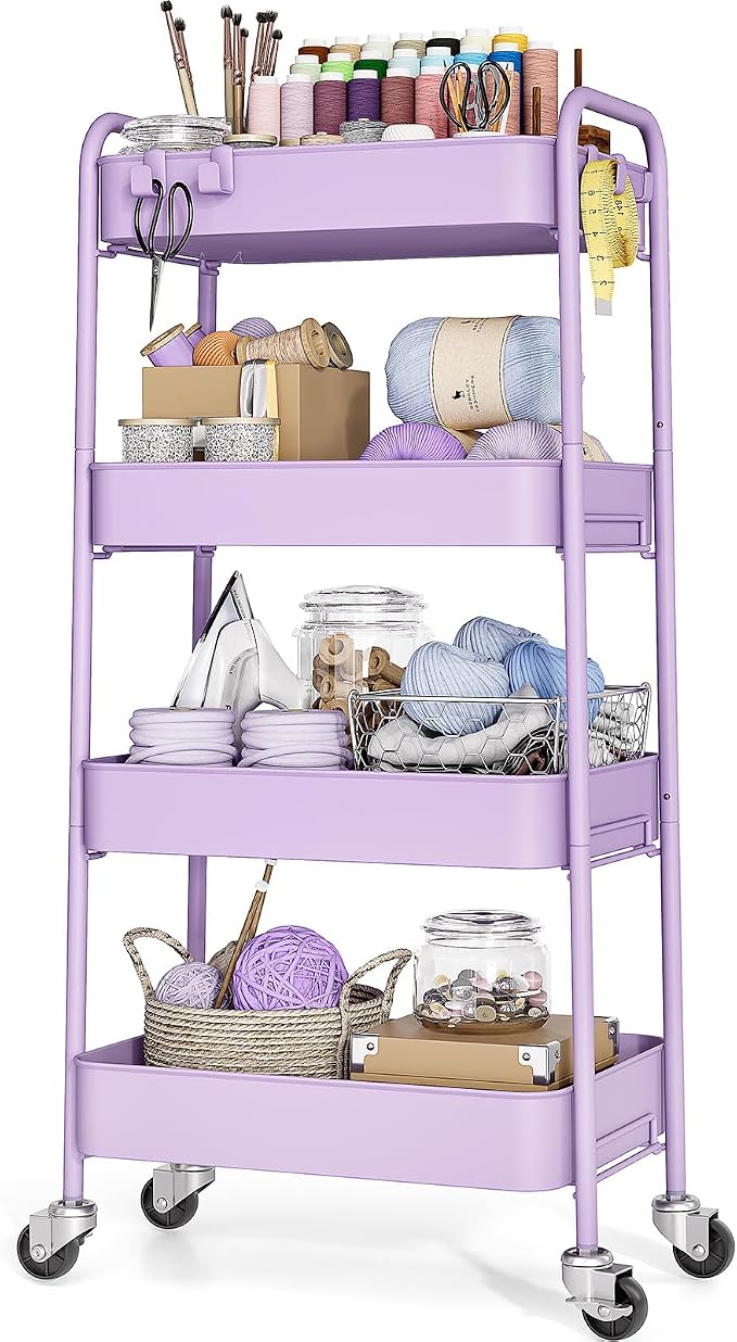 TOOLF 4 Tier Metal Rolling Cart, Utility Storage Cart with Wheels, Purple | Screwless Assembly, Lockable Metal Wheels, Trolley Organizer for Bathroom, Kitchen, Office, Dorm, Laundry, Craft Room
