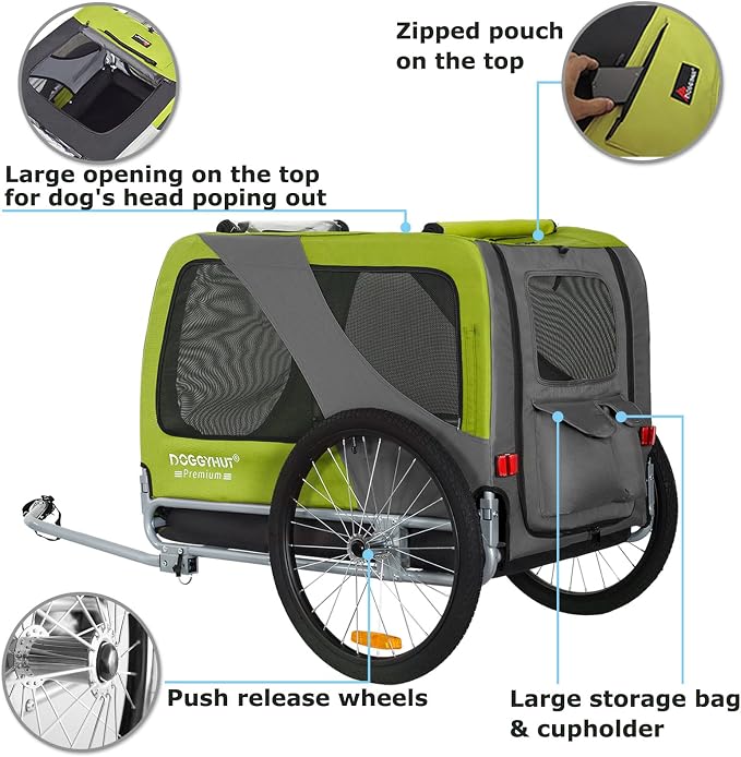 DOGGYHUT® Premium XL Pet Bike Trailer, Up to 100 lbs (Lime Green) | Bicycle Trailer for Small Medium or Large Dogs, Dog Bicycle Carrier, Low Center of Gravity, Folding Frame Cart