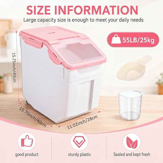 Sunnyray 4 Pcs 55 Lbs Flour Storage Container Bin,Rice Storage Containers with Wheels Seal Locking Lid, BPA Free with Measuring Cup Scoop for Rice Grain Pet Food Flour (Pink)