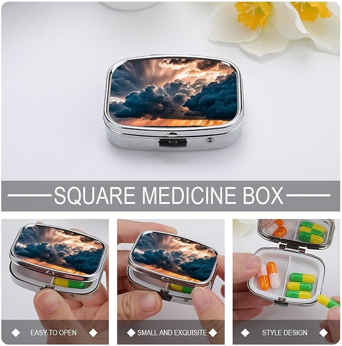 Magnificent Rainstorm Cloud Pill Box 2 Compartment Medicine Pill Case Portable Pill Organizer for Pocket Or Purse Decorative Metal Medicine Vitamin Organizer