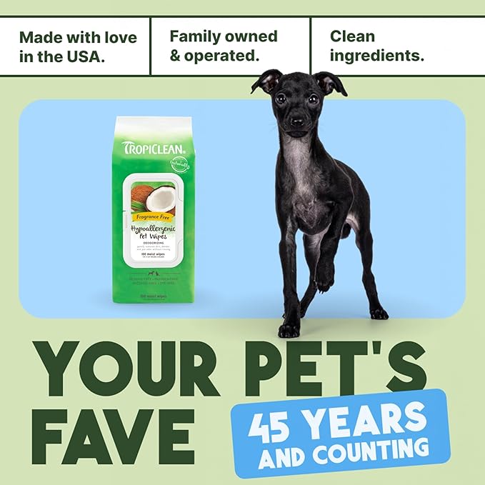 TropiClean Hypoallergenic Cleaning Pet Wipes, 100ct - Wipes for Dogs, Cats, Puppies & Kittens with Sensitive Skin - Gently Removes Dirt & Dander - Fragrance Free