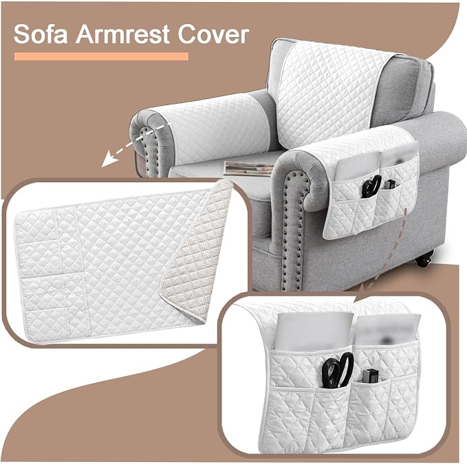 3-, 4-, or 5-Piece Quilted Recliner Armrest and Headrest Covers Set | Soft, water-resistant Six pockets organize remotes, phones, glasses and magazines quilted polyester, silicone backing