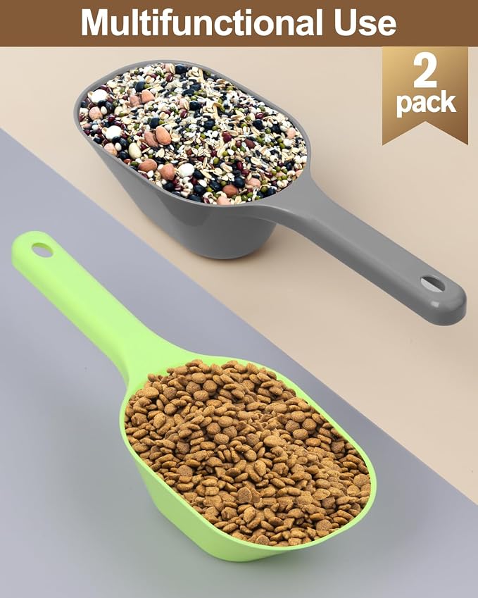 2 PACK Dog Food Scoop,1 Cup Capacity Pet Food Scoop For Dog and Cat | Grey and Green,Clear Markings for Precise Measuring 1/2 and 1 Cup Lines,Dishwasher Safe,Plastic,Portable and Sturdy