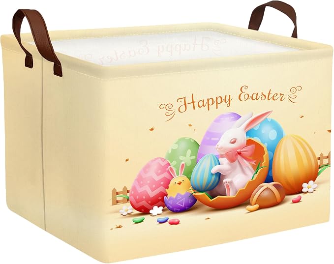 Large Rectangular Easter Baskets Empty Waterproof Boy Toy Box Foldable Kid's Gifts Storage Bin Spring Room Decor(Shell Breaking Rabbit Chicken)