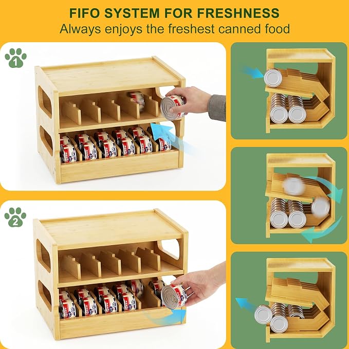 Bamboo Cat Food Can Organizer, Holds 36 (3oz) Cans, Cat Wet Food Storage Rack, Rolling Cat Food Can Dispenser for Pantry