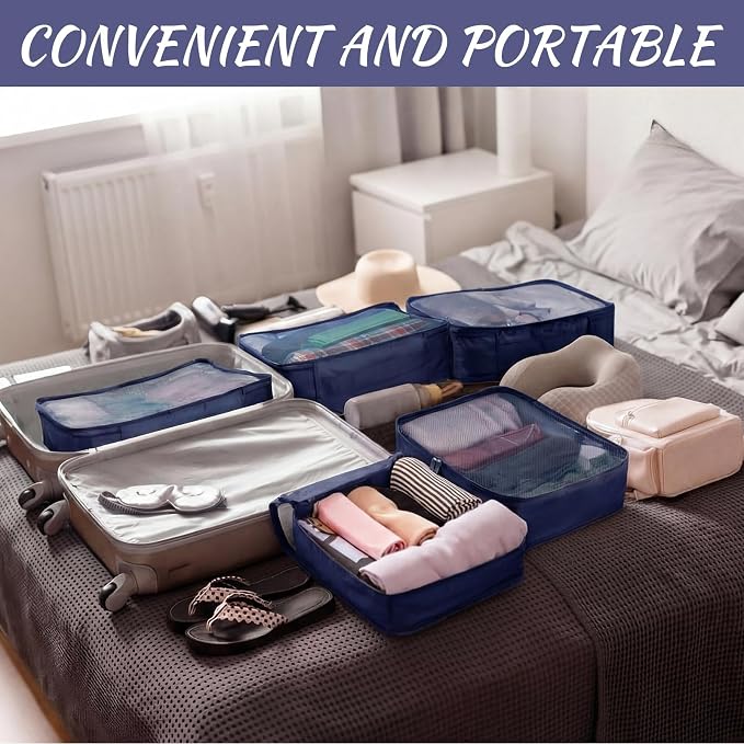 Silkfly 8 Pcs XL Packing Cube for Travel Luggage,Simple,Navy Blue | 17.7 x 13 x 4.7, Same Size, Navy Blue Suitcase Storage Organizer Set, Reusable Mesh Clothes Cube for Hiking Camp Family