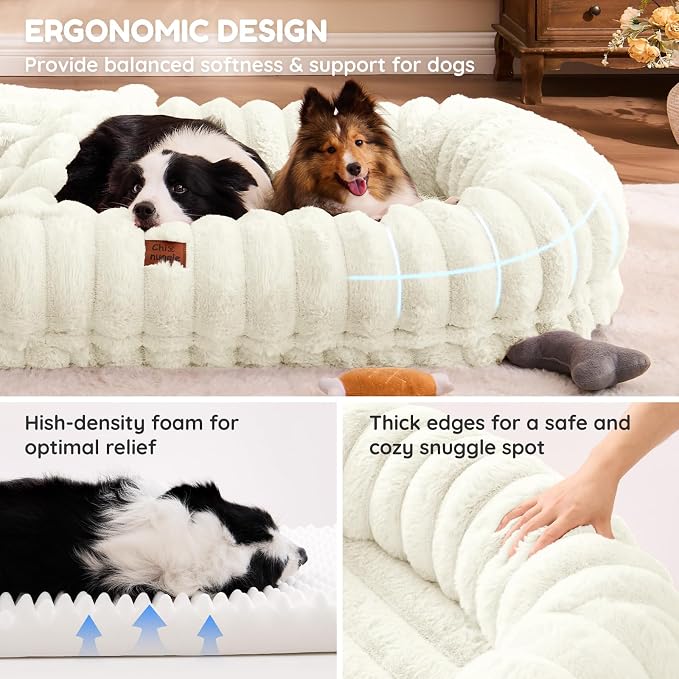ChiXnuggle Orthopedic Human Dog Bed,Striped Faux Fur Washable Cover,Blanket | cream,72*40*10,giant dog bed for adult or extra large dogs,egg crate foam,non-slip bottom