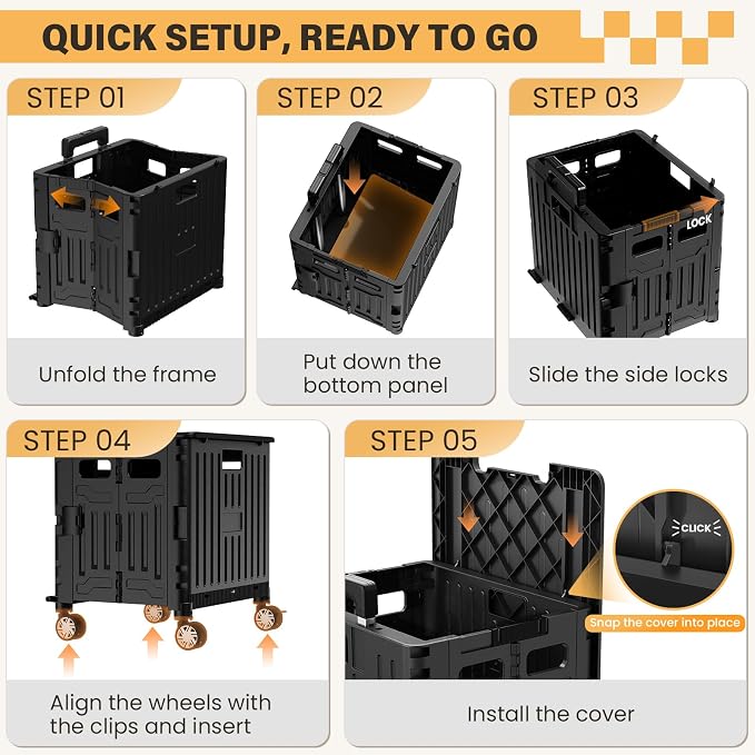 SUNALLY Folding Utility Cart Rolling Crate Handcart Shopping Trolley, Black | Lockable Collapsible Tool Box with Lid, Rolling Crate With Wheels for Grocery, Travel, Garden, Shop, Office, Luggage, Teacher