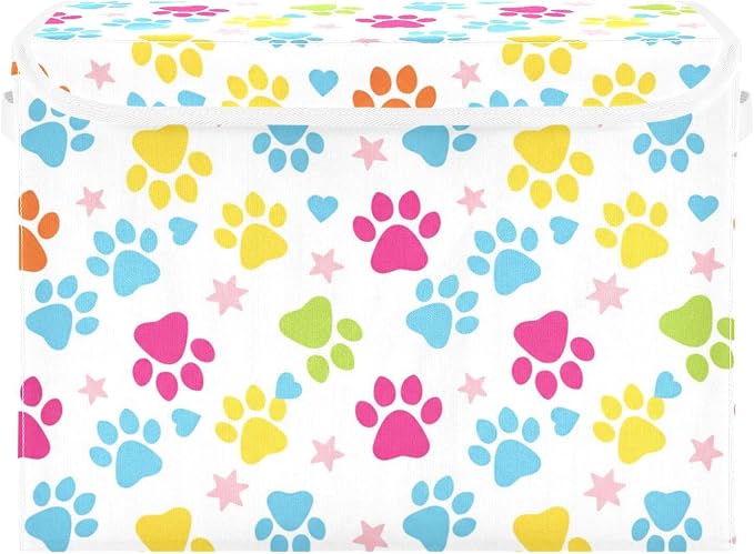 Storage Bins with Lid Bright Paw Print Foldable Storage Boxes 40L Baskets | Decorative Storage Boxes, Dust-Proof Flip Top, Reinforced Handles, For Home & Bedroom, Clothes & Toy Box, Oxford Fabric Print