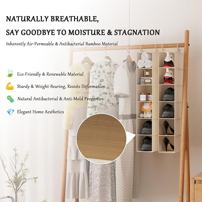 Hanging Closet Shelf Shoe Organizer Set of 2 with Woven Bamboo Shelves,11.5 x 31.5 x 5.5 in, 6-Tier Design for Space-Saving Storage,Beige