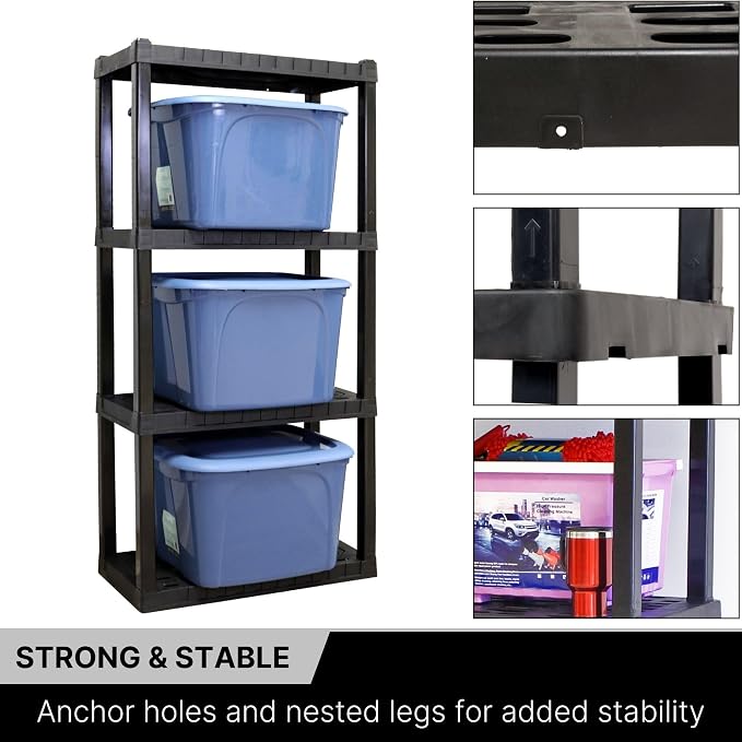 Oskar Heavy Duty Plastic Storage Shelves- for Garage, Kitchen, Bathroom Basement, Kids Room, Toys,Stackable 4-Tier Black, Organizer Rack for Books Shoes, Pantry, Cleaning and Closet Organization