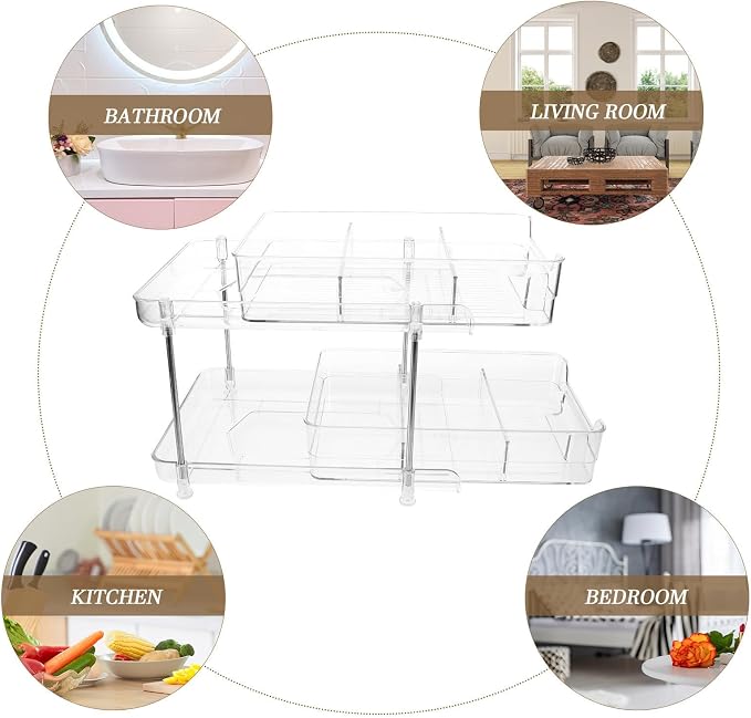Ipetboom Double-layer Pull-out Storage Shelf Organizer for Kitchen and Bedroom, Made of Pet and Stainless Steel, Firm and Sturdy with Soft Feel, for Home Supplies and Bathroom Storage