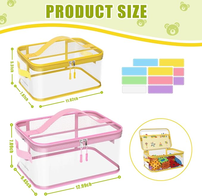 8 Pack Large Clear Toy Storage Bags with Labels, Handles, Zippers, L+XL | Large Capacity, Transparent PVC, Waterproof Dustproof, Space-saving, Portability for Building Blocks, Puzzle, Dolls, Travel