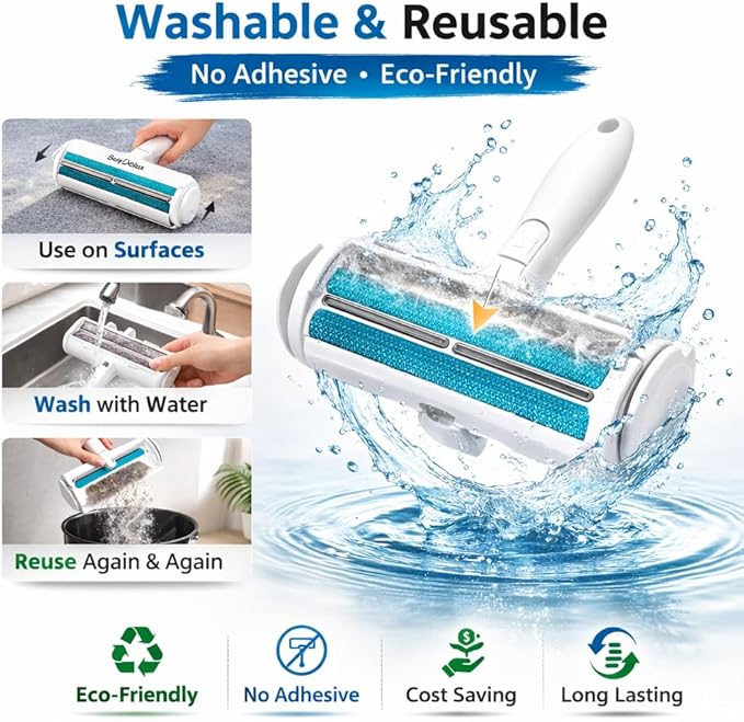 Pet Hair Remover Roller, Reusable Self-Cleaning Lint Roller for Dog & Cat Hair, Fur Removal for Furniture Couch Carpet Car Clothes & Bedding, No Sticky Tape or Refills