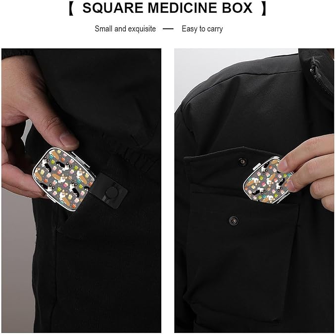 2 Compartment Square Pill Box Portable Metal Travel Pill Organizer | Cute Corgi Pet Pill Case to Hold Vitamins, Medication, Fish Oil and Supplements, Ideal for Purse & Pocket