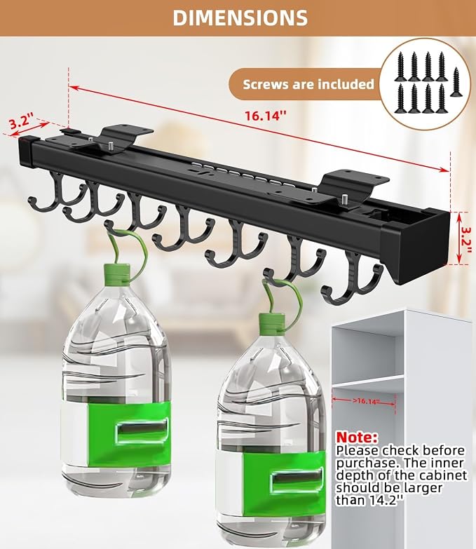 Pull Out Broom Holder With Adjustable Double Row Sliding Hook-Black 16.14in | High Load Capacity, Multifunctional Slide Broom And Mop Storage/Garage Organization Hooks, for Closet Laundry, kitchens