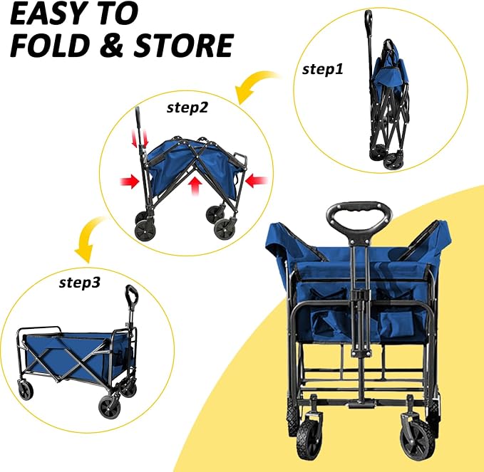 Foldable Wagon Cart, Collapsible Wagon Cart with Heavy Duty Wheels, 220Ibs Portable Folding Utility Wagon for Groceries, Beach, Camping, Outdoor Activities, Blue