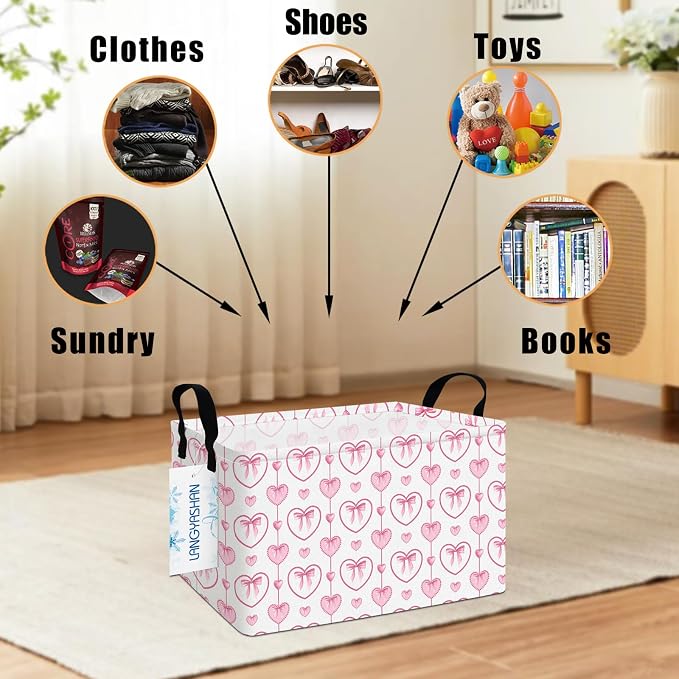 Rectangular Collapsible Pearl Heart Storage Basket Nursery Toy Organizer | Storage Bin Foldable Canvas with Handles for Organizing Home Kitchen Children Toys Office Closet Shelf Baskets