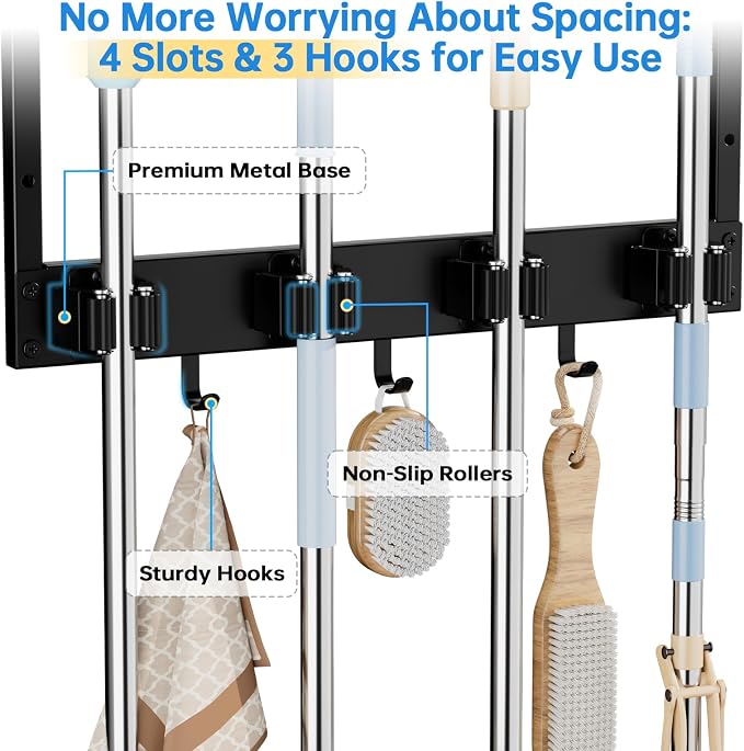 Broom Holder Wall Mount, Mop Organizer with Cleaning Tools Storage Shelf | Sturdy Metal Barn Cleaning Supplies Holder Gripper Hooks, Utility Hanger Closet Organizer for Home Improvement Garage Kitchen