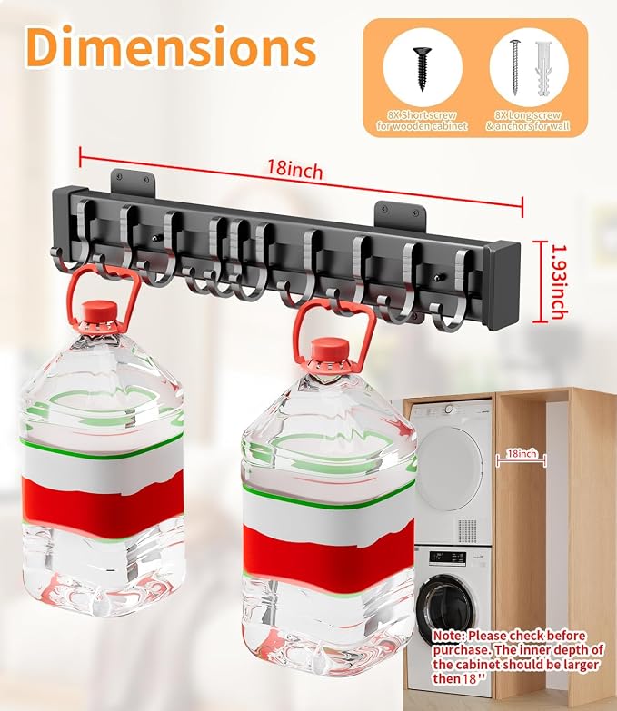 Pull Out Broom Holder With 10 Adjustable Row Sliding Hook - Black 18.11inch | High Load Capacity, Multifunctional Slide Broom And Mop Storage/Organizer Garage Organization Hook, for Closet Laundry Garage