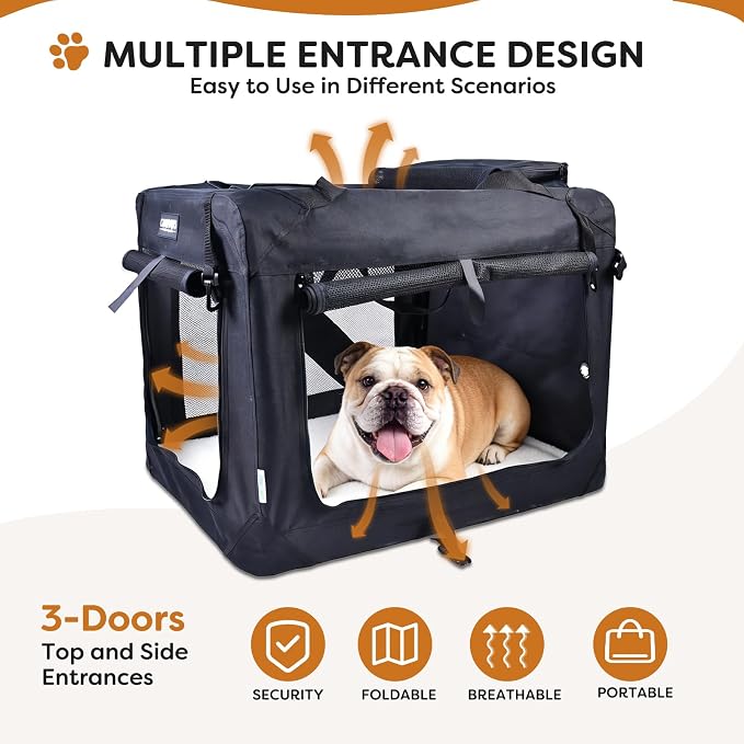 Jespet 3 Door Soft Dog Crates Kennel for Pets, Folding Travel Pet Carrier | 3 Mesh Doors 30'' Dog House, Large Pocket, Easy to Install, Steel Frame, Removable Crate Pad, For Indoor & Outdoor