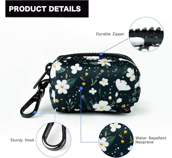 Petmolico Dog Poop Bag Holder Dispenser 2 Pack, Cyan & Flower | Zippered pouch fits any leash, includes free roll of bags, lightweight & portable for daily walks, travel & outdoor use