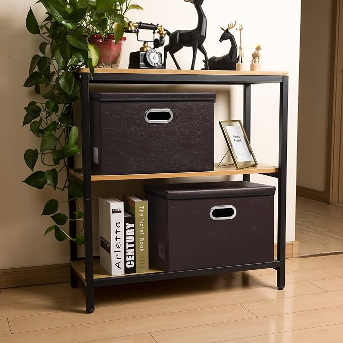 Large Foldable Storage Bins with Lids [3-Pack] Leather Fabric Collapsible Storage Boxes Organizer Containers Baskets Cube with Cover for Home Bedroom Closet Office Brown(17.7x11.8x11.8)
