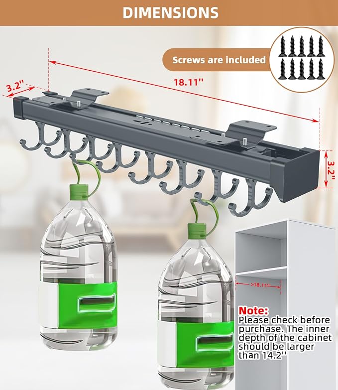 Pull Out Broom Holder With Adjustable Double Row Sliding Hook-Grey 18.11in | High Load Capacity, Multifunctional Slide Broom And Mop Storage/Garage Organization Hooks, for Closet Laundry, kitchens