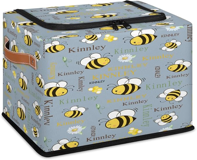 Personalized Kids Toy Box with Name, Custom Cartoon Bee with Daisy Floral SteelBlue Nursery Baskets Cubes Box with Zipper Lid, Custom Storage Basket Laundry Baskets Organizer with Handles