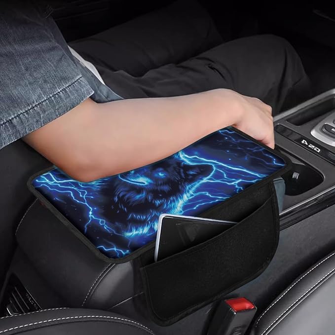 Howilath Car Armrest Cover Pad, Universal Center Console Cushion | Blue Lightning Wolf Arm Rest Cover. Soft & Comfortable, Washable Fits for Cars, Suvs, Vans, And Trucks