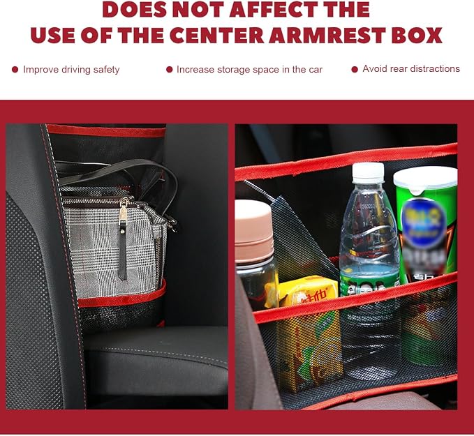 Car Net Pocket Handbag Holder, Driver Storage Netting Pouch Between Seats, Large Capacity Seat Back Organizer Mesh Pocket for Purses and Bags, Auto Backseat Pet Kids Barrier (Black & Red)
