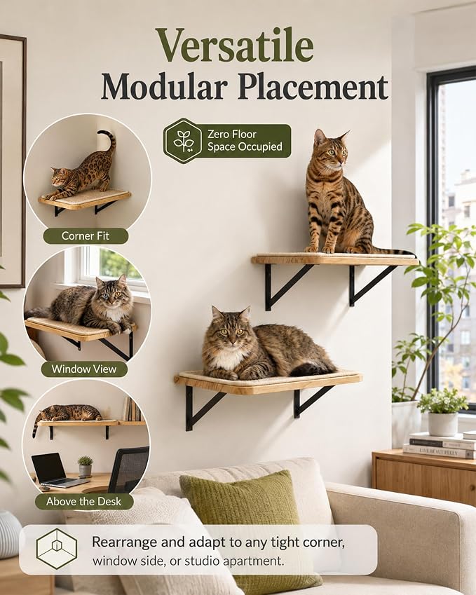 2PCS Cat Wall Shelves with Scratching Mat, 16.6x9.7 Inch Solid Pine Wood Wall Mounted Kitten Floating Shelf, Window Perch Hammock, Cats Wall Furniture for Cats Sleeping, Playing, Climbing