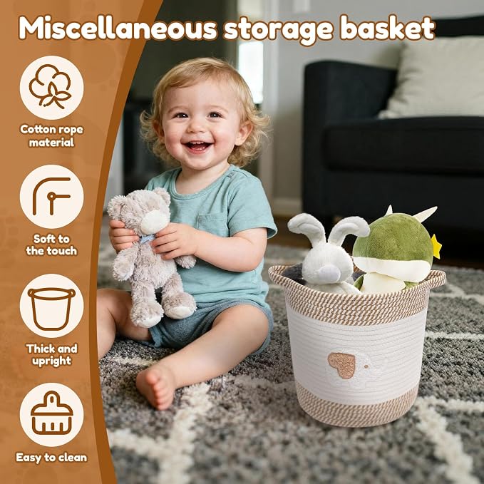 Storage Baskets for Organizing, 11” Woven Cotton Rope Storage Bin for Kids Dog Toy Organizer Clothes Hamper for Nursery Laundry, Blanket Basket for Living Room Decor Toy Basket(Style 1)