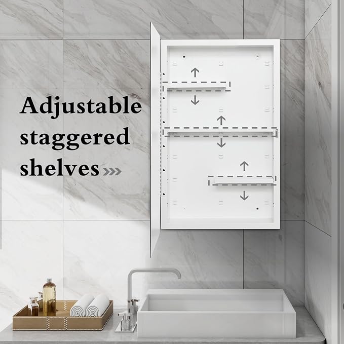 White 16x26 Medicine Cabinet, Beveled Mirror & Adjustable Staggered Shelves | Recessed or Surface Mount Bathroom Cabinet with Adjustable Staggered Shelves, Piano Hinge, Left/Right Swing & Fully Assembled
