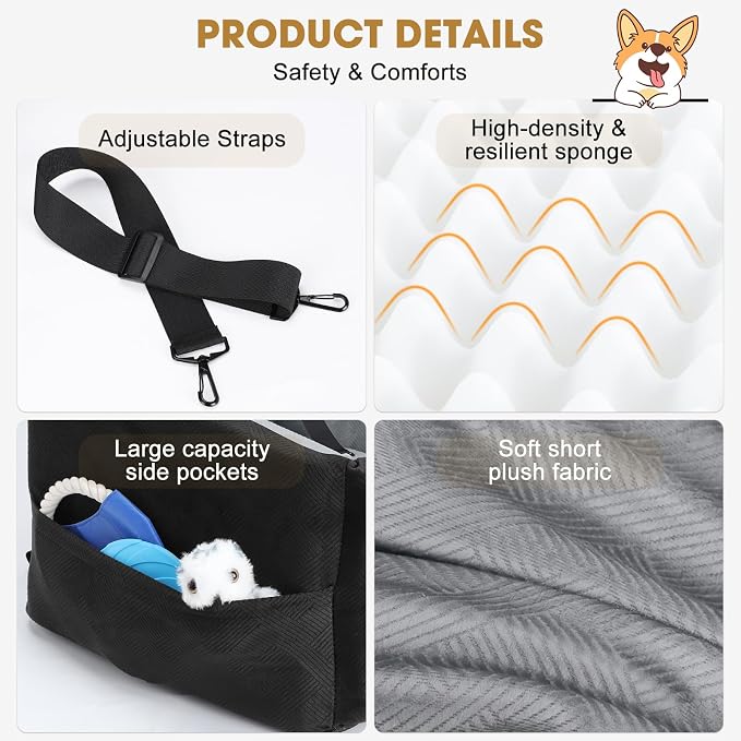 JOEJOY Dog Car Seats for Small Medium Dogs Under 35lbs, Dog Booster Seat with Detachable Washable Cover and Cushion, Memory Foam Pet Car Seat with Safety Belt and Storage Pockets (BLG)