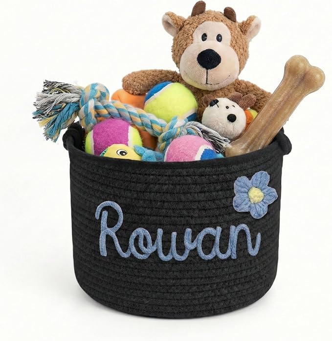 Personalized Dog Toy Storage Basket - Custom Woven Cotton Rope Bin with 3D Cord Name for Puppy Accessories, Treats & Pet Organization Grey M