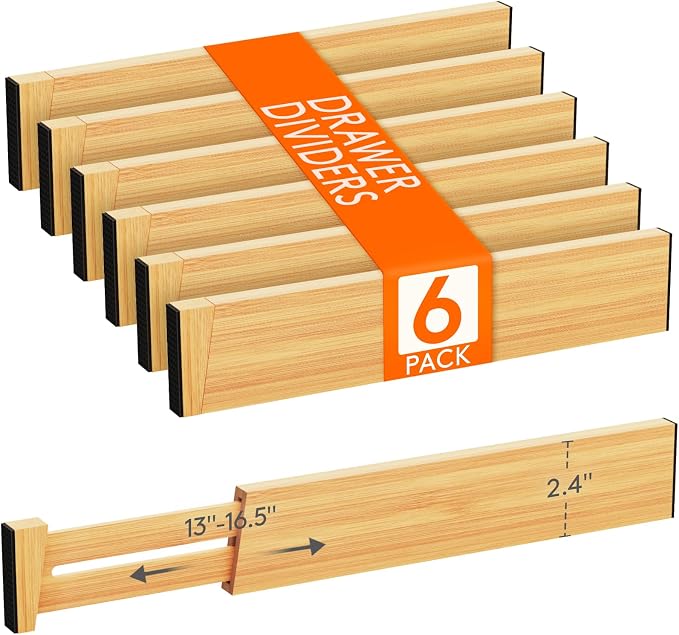 Lifewit 2.4" Kitchen Drawer Dividers, Adjustable Bamboo Drawer Organizers | 6 Pack 13"-16.5" Expandable Drawer Separator for Clothes, Utensils, Dresser, Cabinet, Closet, Nursery Organization & Storage