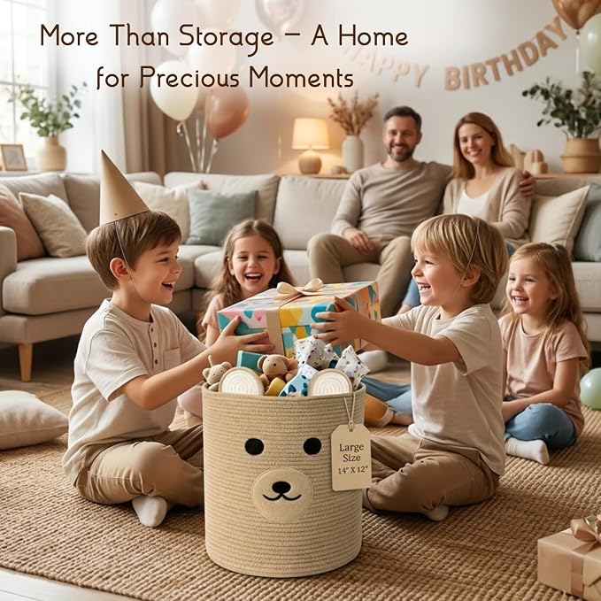 Nursery Storage Basket, 25L Large Woven Cotton Rope Baby Bin with Bear Design, Foldable Washable Laundry Hamper, Kids Room Decor Organizer for Toys, Blankets & Baby Essentials (Brown Bear)