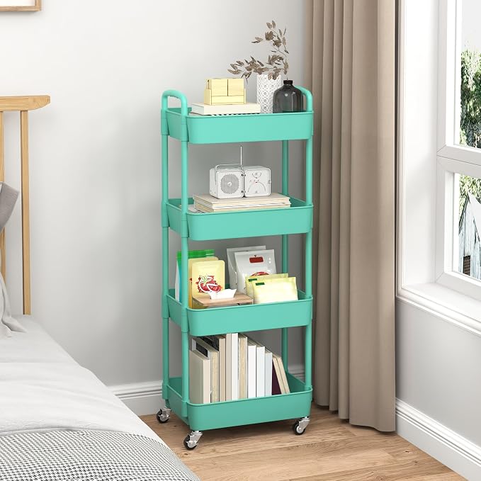 Sywhitta 4-Tier Plastic Rolling Utility Cart with Wheels for Storage,Green | Multi-Functional Storage Trolley, for Office, Living Room, Kitchen, Bathroom,Movable Organizer,Space-Saving,Easy to assemble