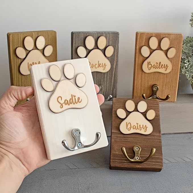 Personalized Wooden Pet Leash Hook, Custom Engraved Dog Name Hook Rack Pet Collar Wall Mount Organizer Gift for Dog Lovers